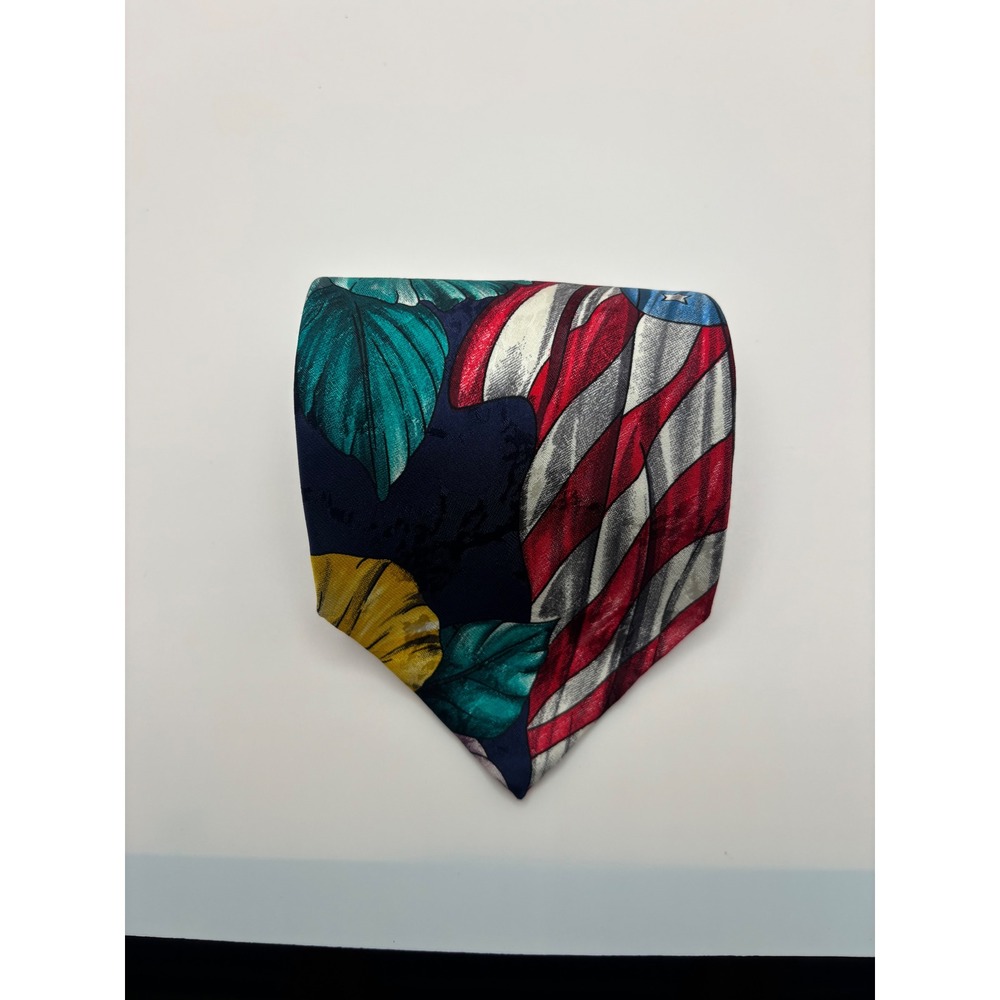 Handmade in Italy Silk Tie Navy Blue American Flag Tropical Floral Patriotic